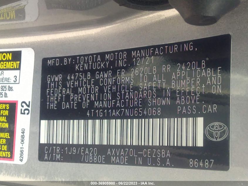 2022 TOYOTA CAMRY SE - 4T1G11AK7NU654068