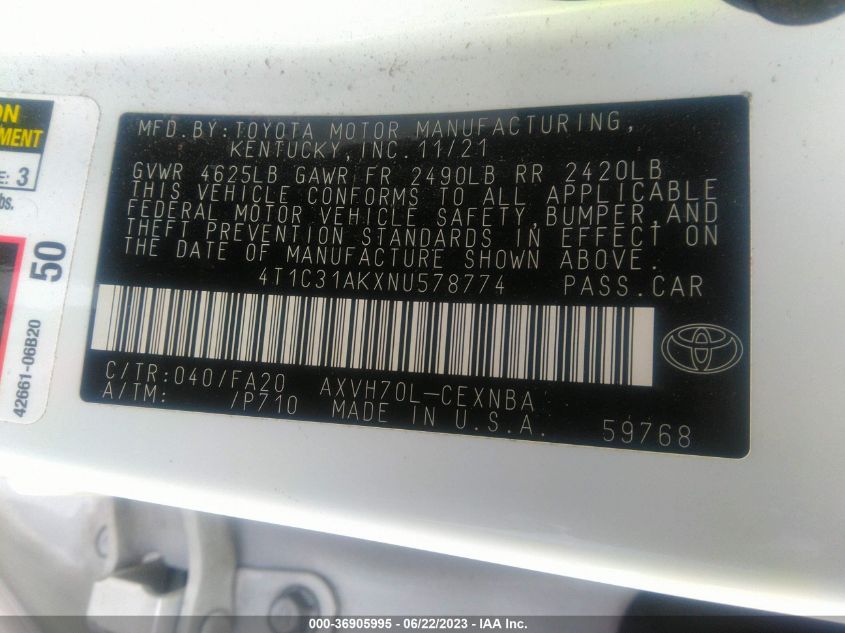 2022 TOYOTA CAMRY HYBRID LE - 4T1C31AKXNU578774