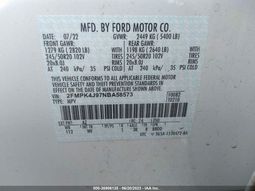 2FMPK4J97NBA58573 2022 FORD EDGE, photo no. 9