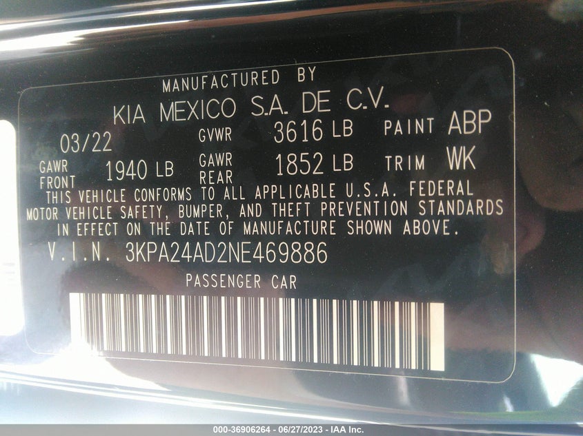 VIN 3KPA24AD2NE469886 2022 KIA RIO LX
