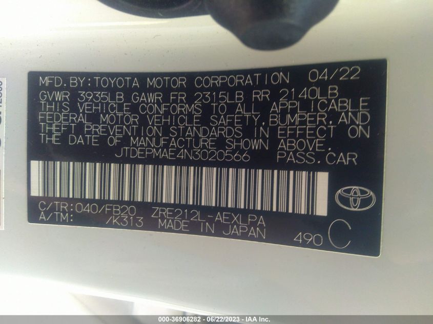 2022 TOYOTA COROLLA LE - JTDEPMAE4N3020566