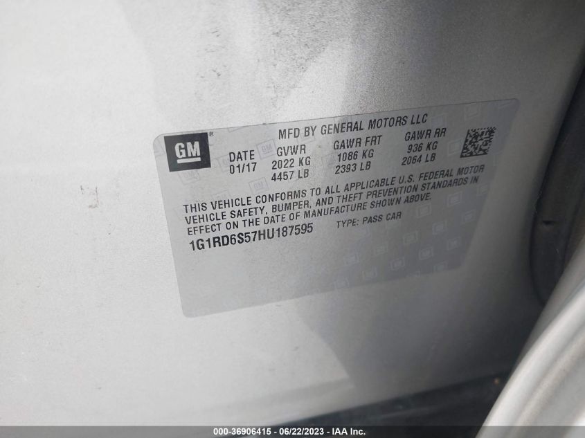 2017 CHEVROLET VOLT PREMIER - 1G1RD6S57HU187595
