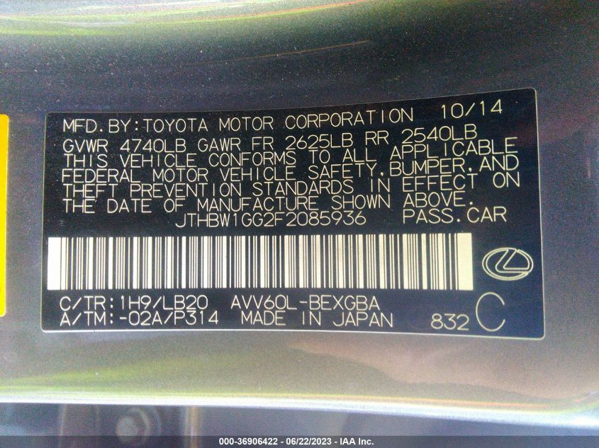 2015 LEXUS ES 300H HYBRID JTHBW1GG2F2085936