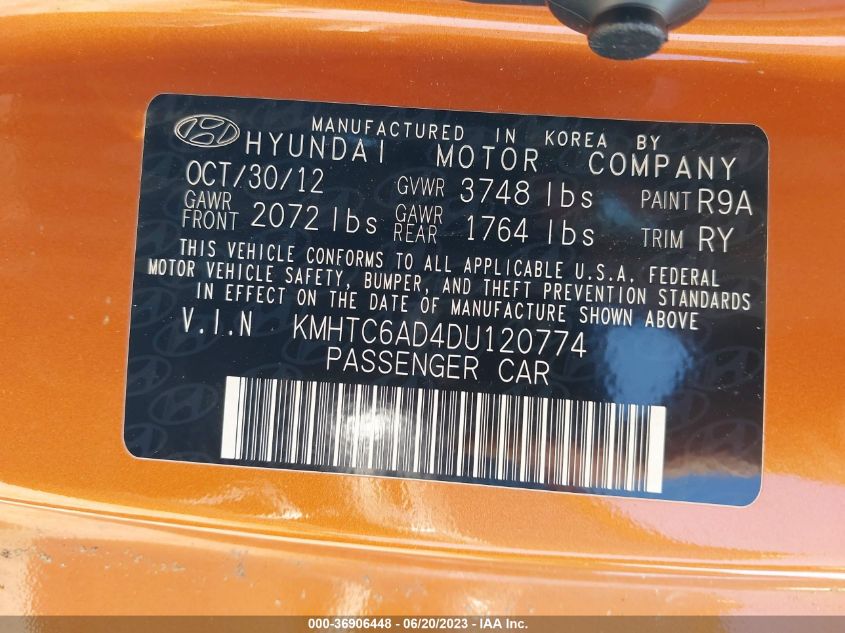 2013 HYUNDAI VELOSTER W/BLACK INT - KMHTC6AD4DU120774