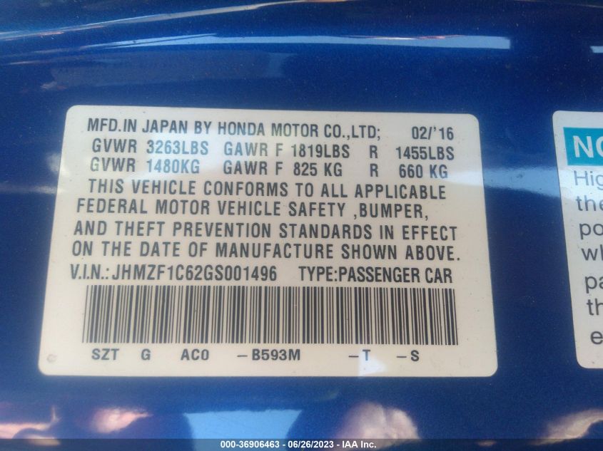 2016 HONDA CR-Z EX/EX-L JHMZF1C62GS001496