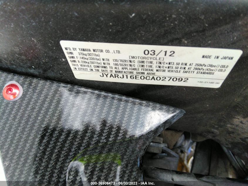 2012 YAMAHA YZFR6 JYARJ16E0CA027092
