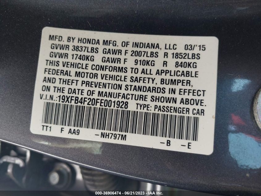 2015 HONDA CIVIC HYBRID 19XFB4F20FE001928