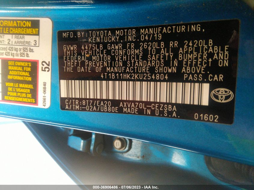 2019 TOYOTA CAMRY L/LE/XLE/SE/XSE - 4T1B11HK2KU254804