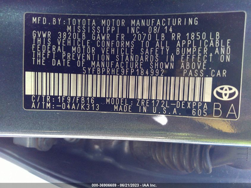 2015 TOYOTA COROLLA LE ECO - 5YFBPRHE9FP184992