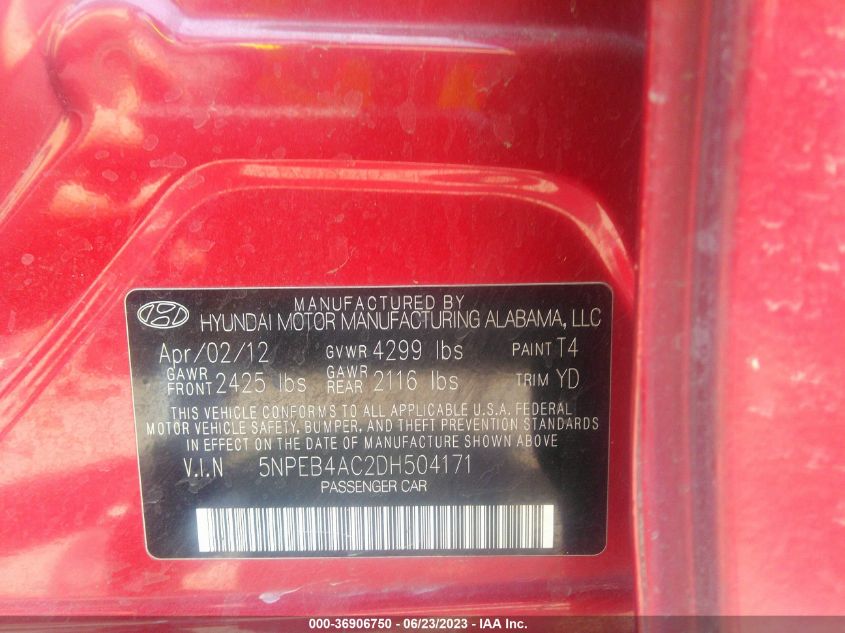 2013 HYUNDAI SONATA GLS - 5NPEB4AC2DH504171