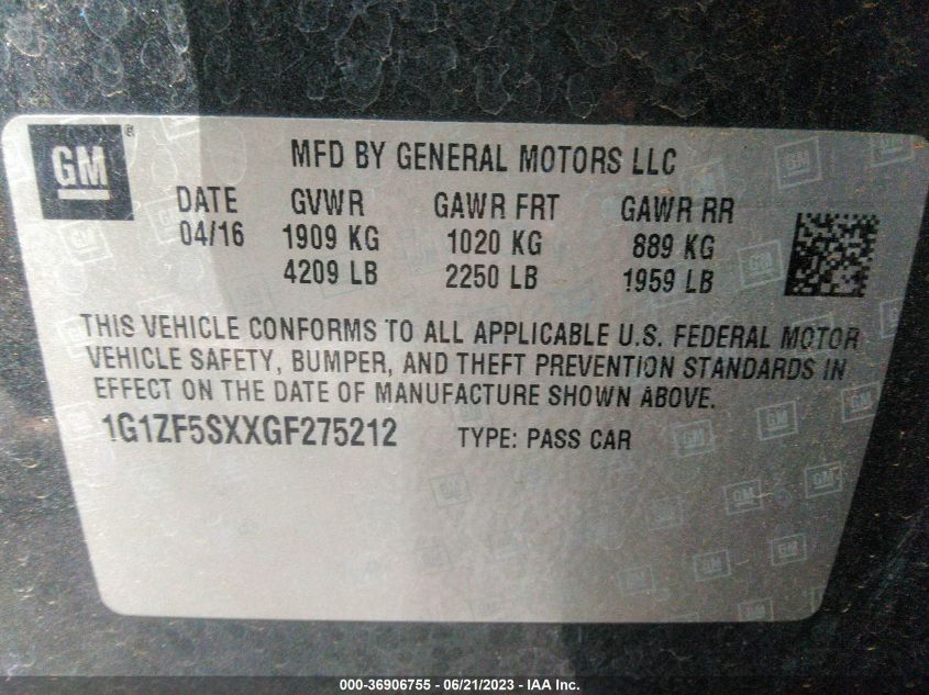 2016 CHEVROLET MALIBU LT - 1G1ZF5SXXGF275212