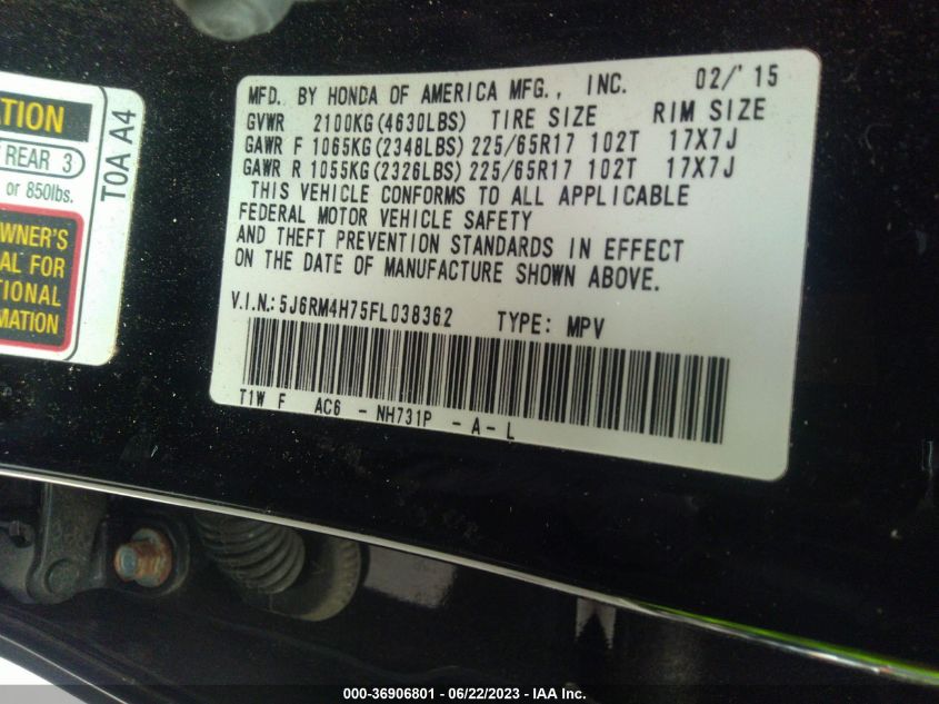 2015 HONDA CR-V EX-L - 5J6RM4H75FL038362
