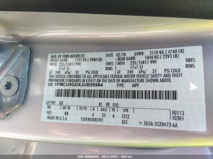 2018 FORD ESCAPE SE - 1FMCU9GDXJUB59984
