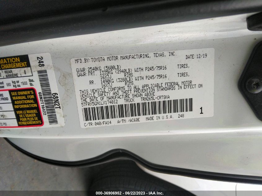 2020 TOYOTA TACOMA 2WD SR/SR5 - 5TFRX5GN1LX174012