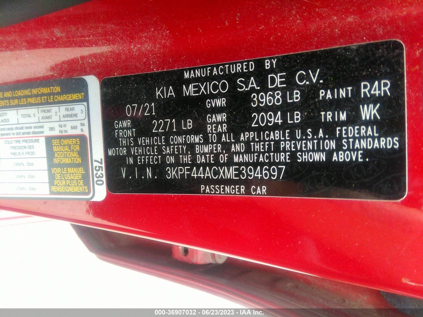 VIN 3KPF44ACXME394697 2021 KIA FORTE GT
