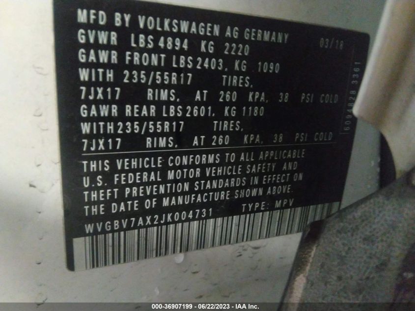 2018 VOLKSWAGEN TIGUAN LIMITED WVGBV7AX2JK004731