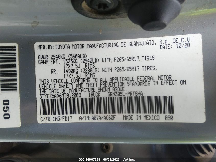 2021 TOYOTA TACOMA 4WD SR/SR5/TRD SPORT - 3TYCZ5AN6MT012008