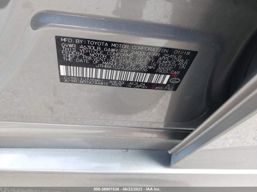 VIN JTHBA1D24J5069736 2018 LEXUS IS IS 300