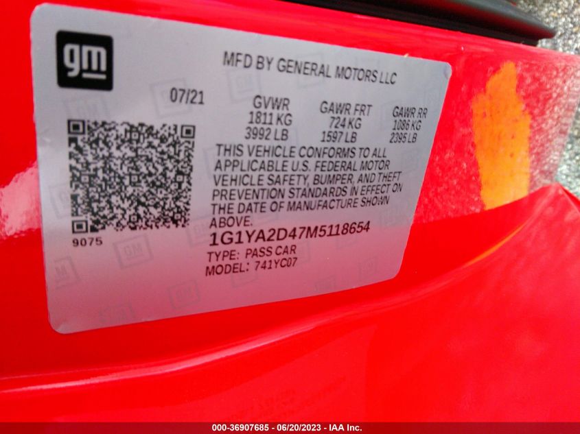 2021 CHEVROLET CORVETTE 1LT - 1G1YA2D47M5118654