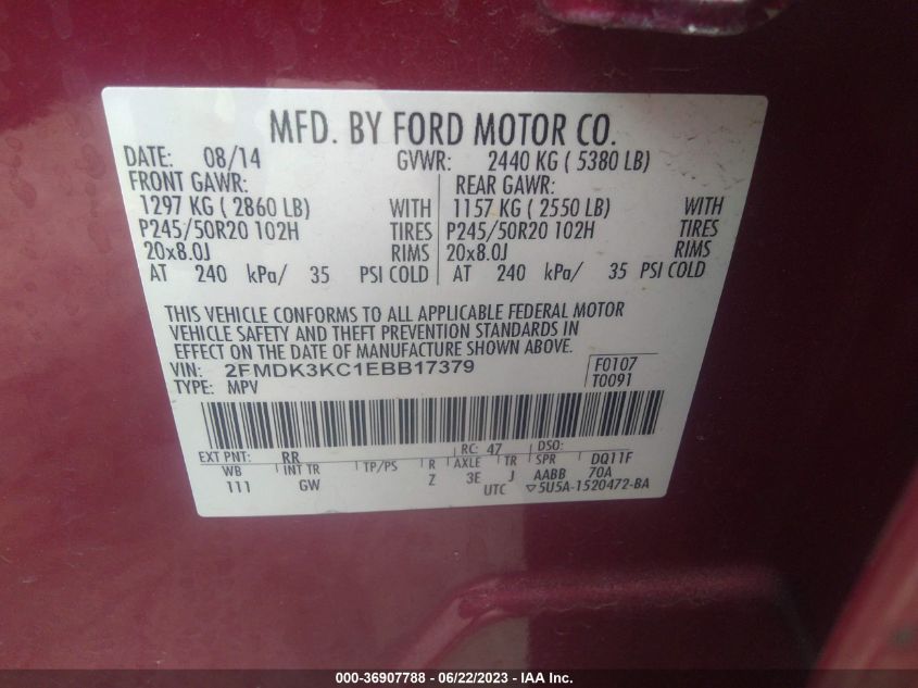 2FMDK3KC1EBB17379 2014 FORD EDGE, photo no. 9