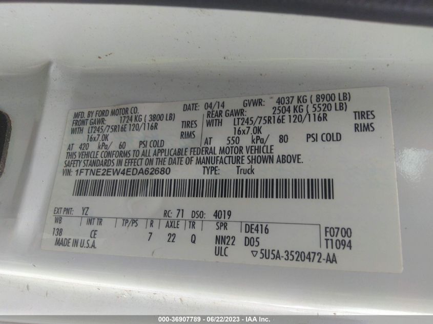 2014 FORD ECONOLINE CARGO VAN COMMERCIAL/RECREATIONAL 1FTNE2EW4EDA62680