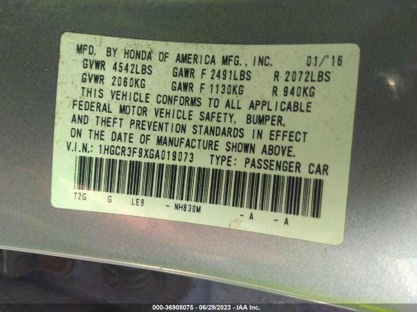 2016 HONDA ACCORD SEDAN TOURING - 1HGCR3F9XGA019073
