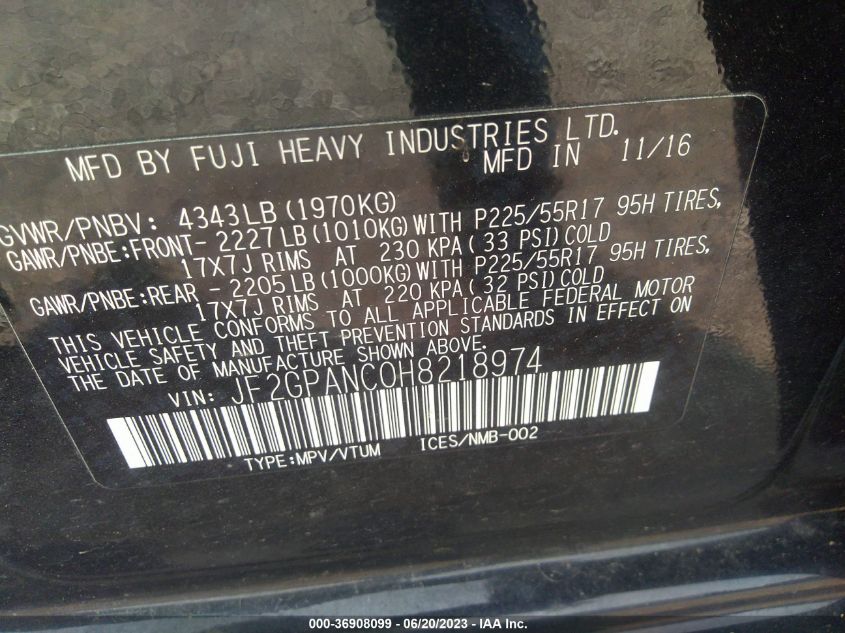 2017 SUBARU CROSSTREK LIMITED - JF2GPANC0H8218974