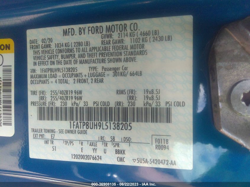 2020 FORD MUSTANG ECOBOOST - 1FATP8UH9L5138205
