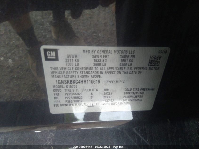 2017 CHEVROLET TAHOE LT - 1GNSKBKC4HR110618