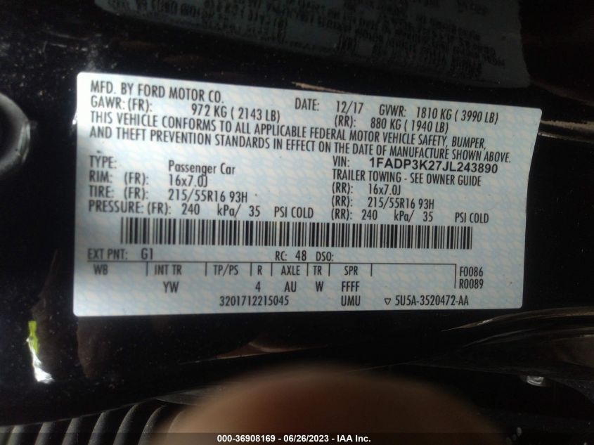 2018 FORD FOCUS SE - 1FADP3K27JL243890
