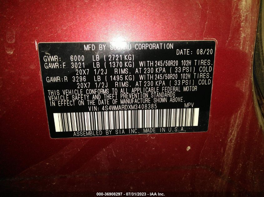 2021 SUBARU ASCENT TOURING - 4S4WMARDXM3408385