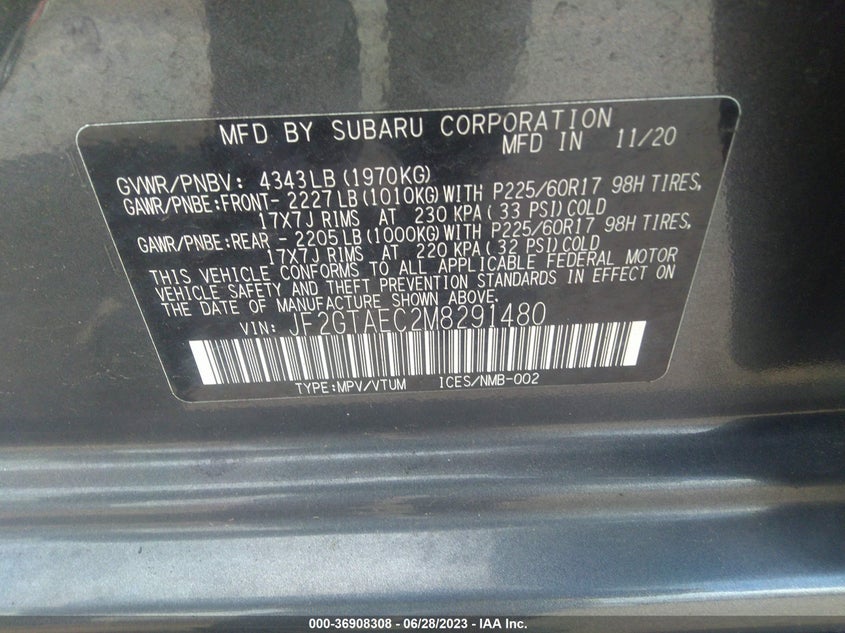 VIN JF2GTAEC2M8291480 2021 SUBARU CROSSTREK PREMIUM