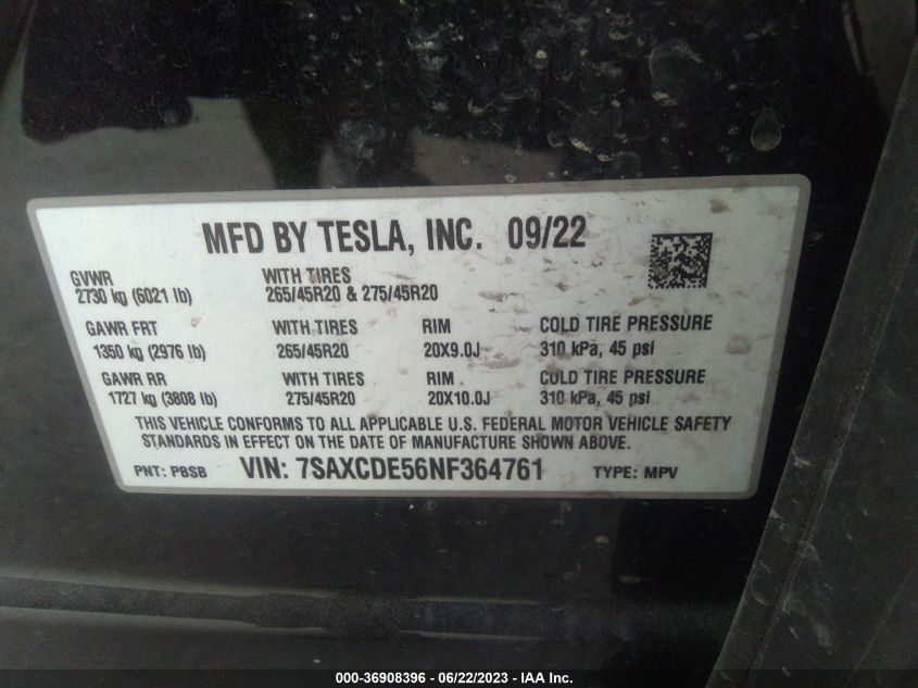 VIN: 7SAXCDE56NF364761 2022 TESLA MODEL X