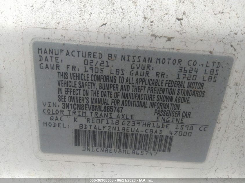 2021 NISSAN VERSA SV - 3N1CN8EV8ML865747