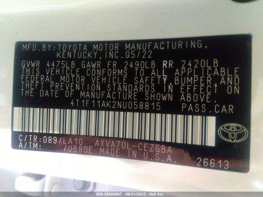 2022 TOYOTA CAMRY XLE - 4T1F11AK2NU058815