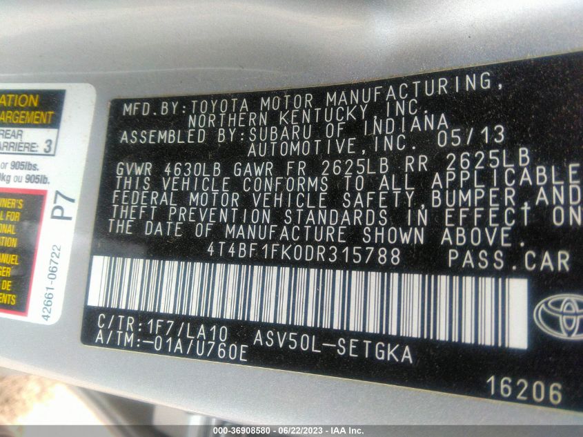2013 TOYOTA CAMRY L/LE/SE/XLE - 4T4BF1FK0DR315788