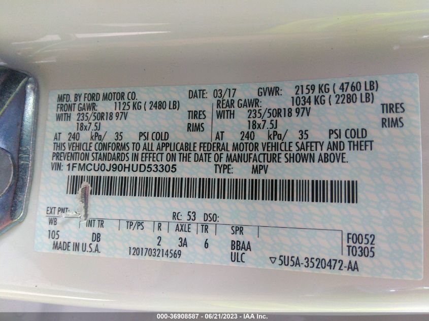 2017 FORD ESCAPE TITANIUM - 1FMCU0J90HUD53305