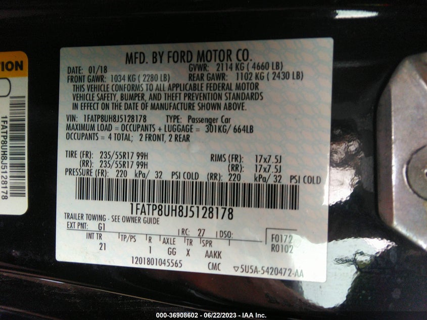 VIN 1FATP8UH8J5128178 2018 FORD MUSTANG ECOBOOST