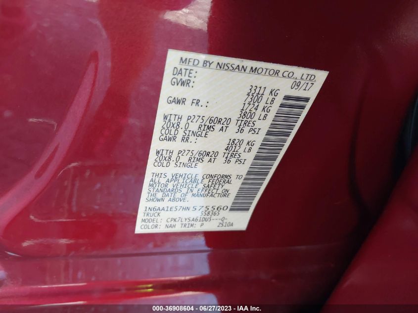 2017 NISSAN TITAN SV/SL/PRO-4X/PLAT RES - 1N6AA1E57HN575560
