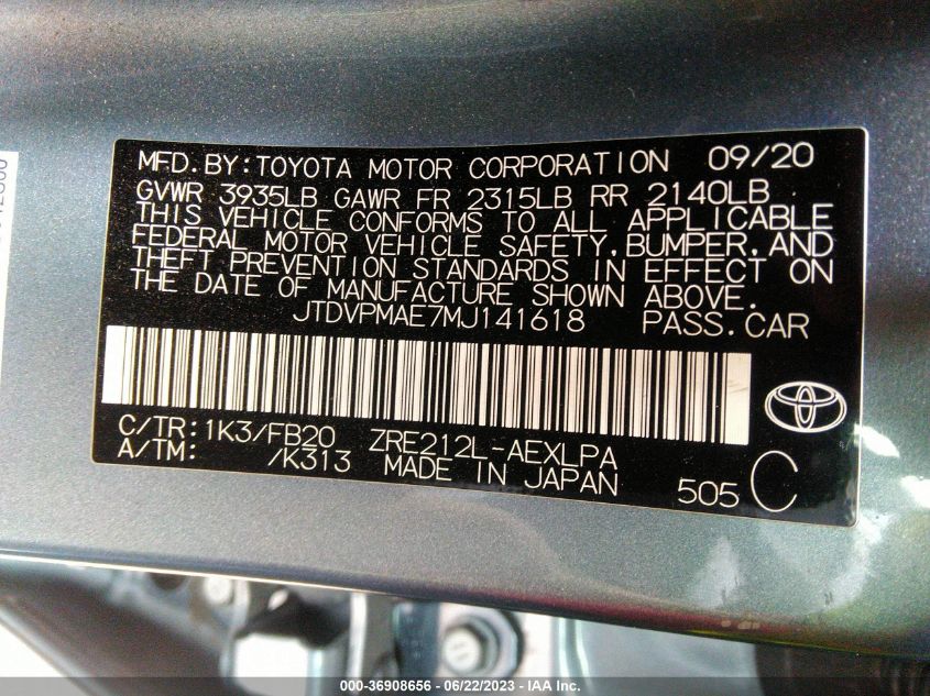 2021 TOYOTA COROLLA LE - JTDVPMAE7MJ141618