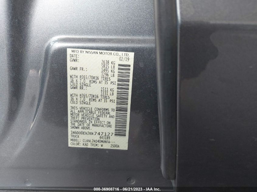 2019 NISSAN FRONTIER SV - 1N6DD0EV2KN747127
