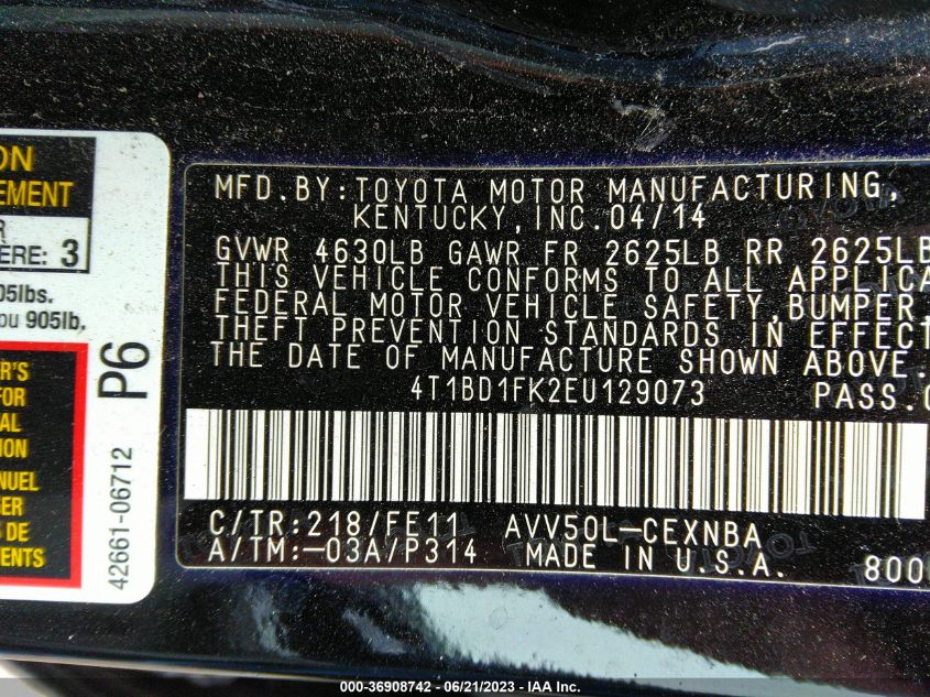 2014 TOYOTA CAMRY HYBRID LE/XLE/SE LIMITED EDITION - 4T1BD1FK2EU129073