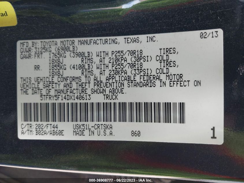 2013 TOYOTA TUNDRA 2WD TRUCK - 5TFRY5F14DX140613