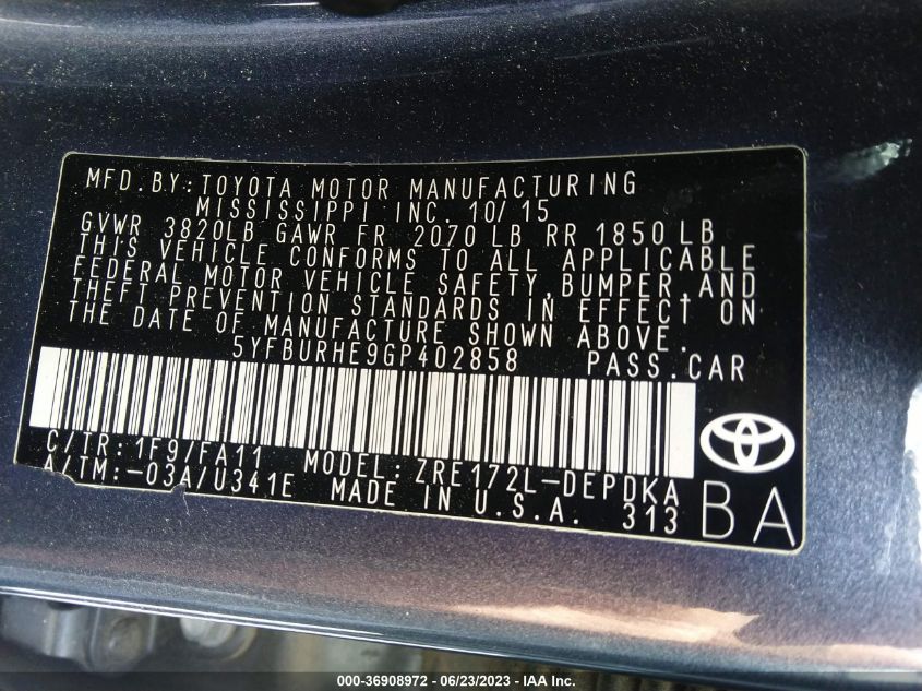 2016 TOYOTA COROLLA L/LE/S/S PLUS/LE PLUS - 5YFBURHE9GP402858