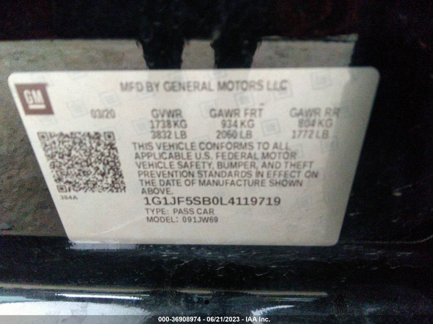 2020 CHEVROLET SONIC PREMIER - 1G1JF5SB0L4119719
