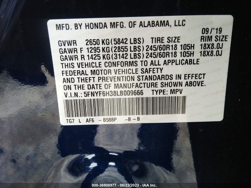 2020 HONDA PILOT EX - 5FNYF6H38LB009666