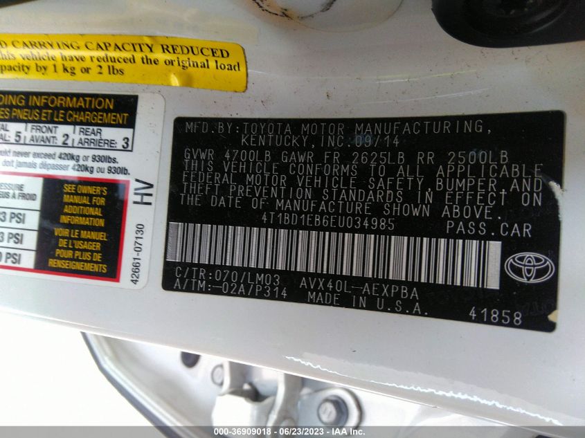 2014 TOYOTA AVALON HYBRID LIMITED/XLE TOURING 4T1BD1EB6EU034985