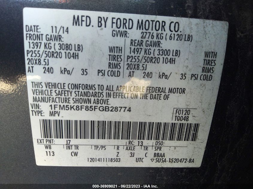 2015 FORD EXPLORER LIMITED - 1FM5K8F85FGB28774
