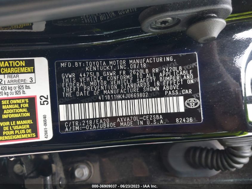 2018 TOYOTA CAMRY LE/SE/XLE/L - 4T1B11HK4JU669802