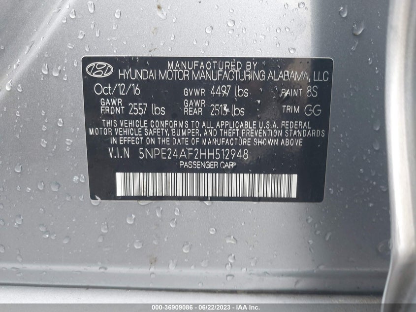 VIN 5NPE24AF2HH512948 2017 HYUNDAI SONATA 2.4L